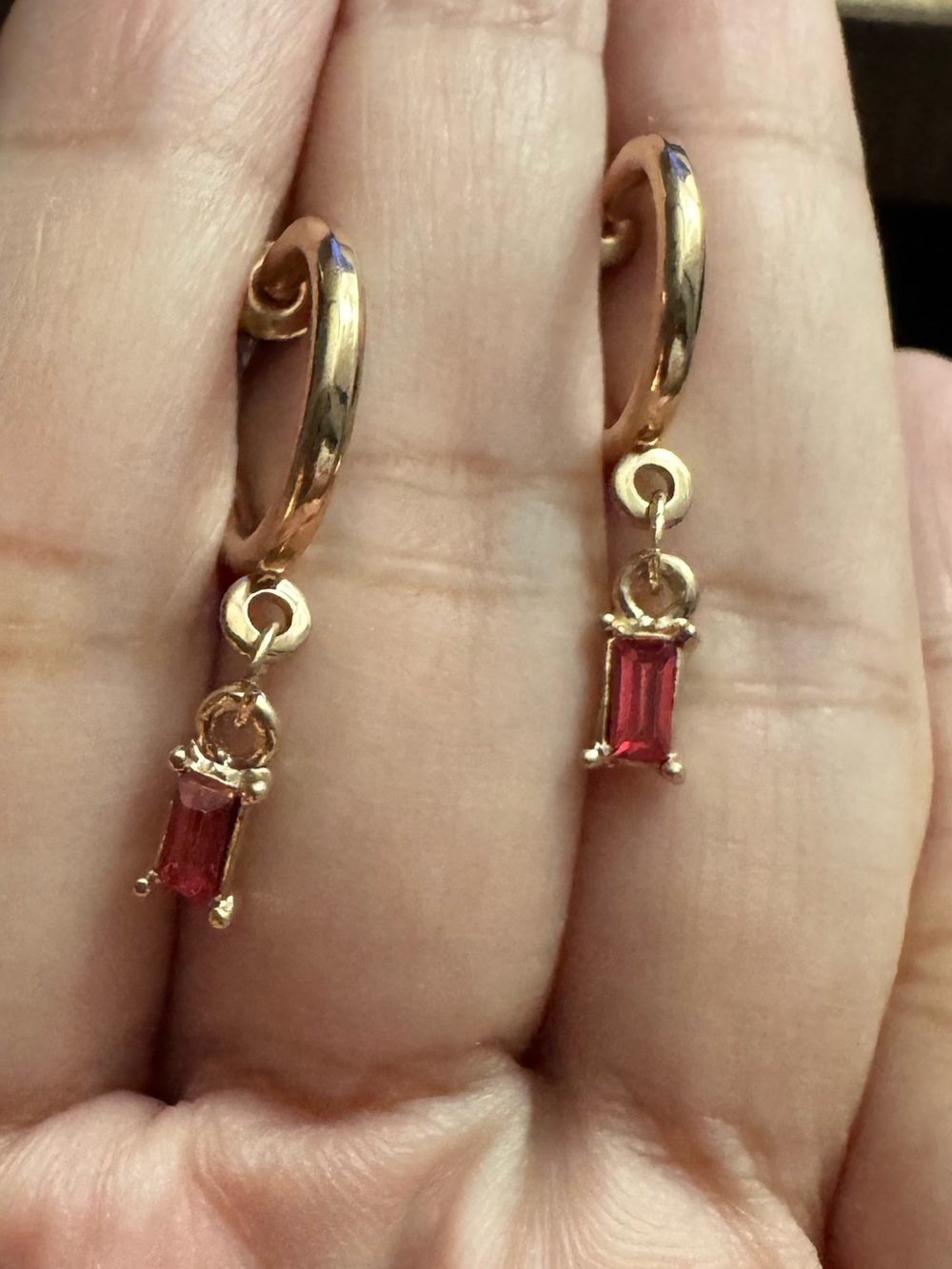Goldtoned Huggie Hoop Earrings w/Red Faux Garnet Ruby